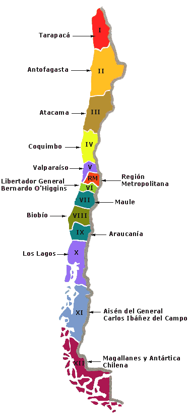 Mapa de las Regiones en Números Romanos de Chile