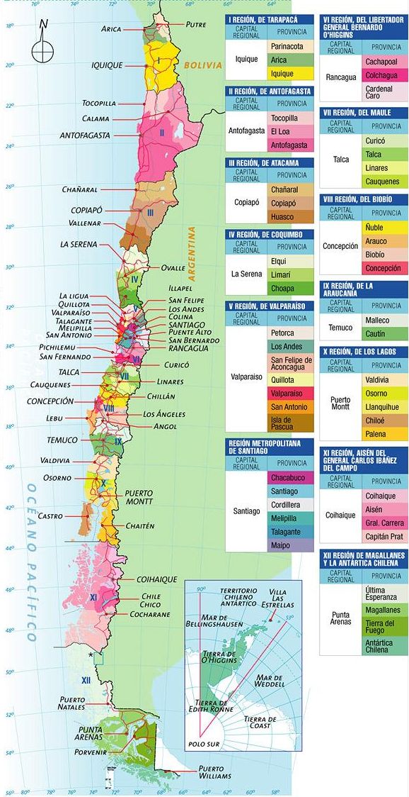 Mapa político de las regiones de Chile