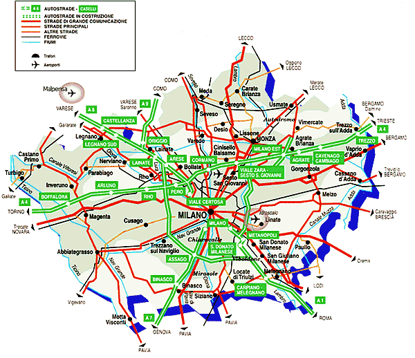 Mapa de Rutas Autovías y Carretas de Milán y Lombardía.