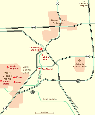 Mapa de las principales atracciones turísticas y recorridos en la zona sudoeste de Orlando